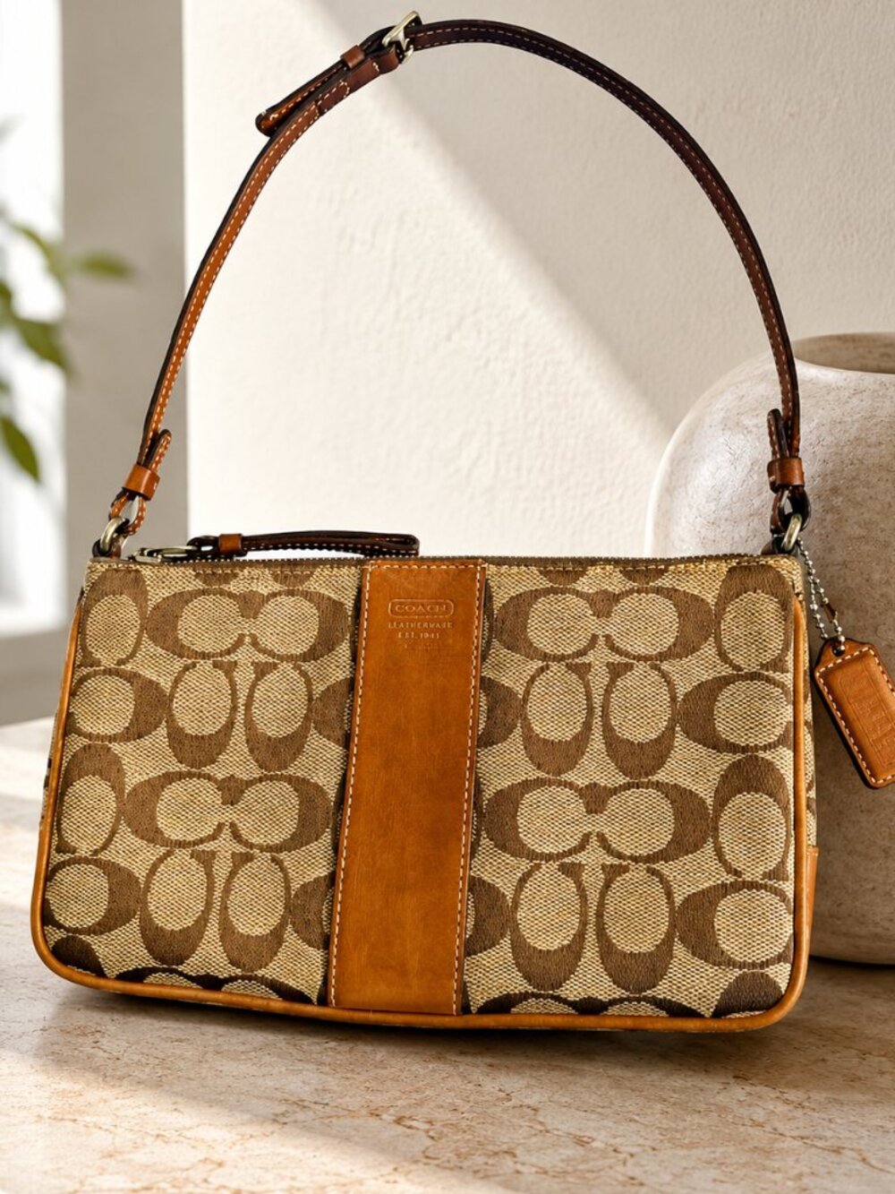 Vintage Coach Signature Canvas Slim Demi Zip Shoulder Bag 6338 Camel Y2K